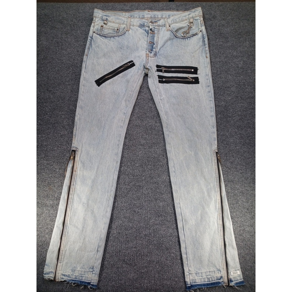 MNML Jeans Mens 34 Light Wash Zipper Punk Streetwear Distressed Denim (Stain)
